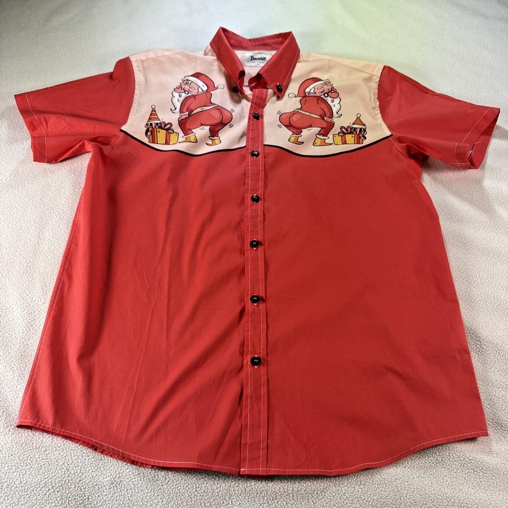 Boozelele Shirt Mens Large Dancing Santa  Short Sleeve Button Up Xmas